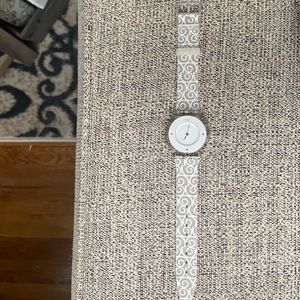 Swatch SCHNEEHASI (SFE101) watch with clear case White Silicone Strap